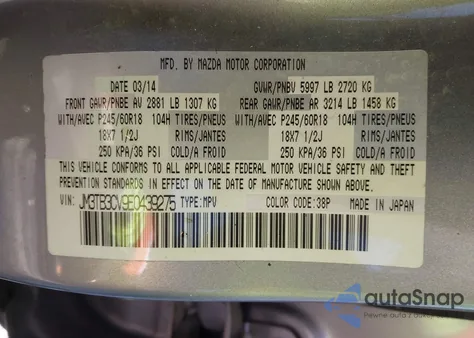 2014 Mazda Cx-9 Touring из США, поврежденный, VIN JM3TB3CV9E0439275